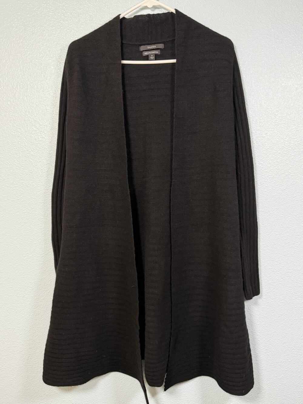 Tahari Women’s Small 100% 2-Ply Cashmere Long Open Cardigan Black Ribbed
